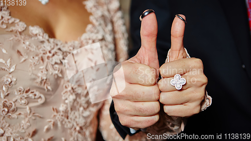 Image of wedding rings on fingers painted with the bride and groom
