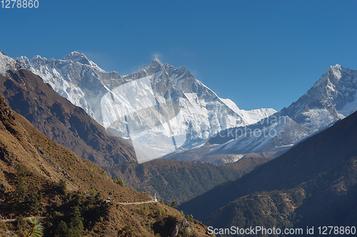 Image of Everest, Lhotse and Ama Dablam summits. 