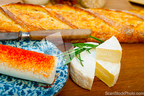 Image of French cheese and fresh  baguette on a wood cutter