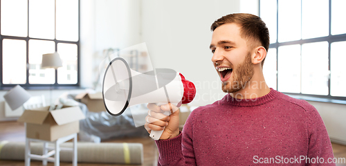 Image of smiling man with megaphone talking over new home