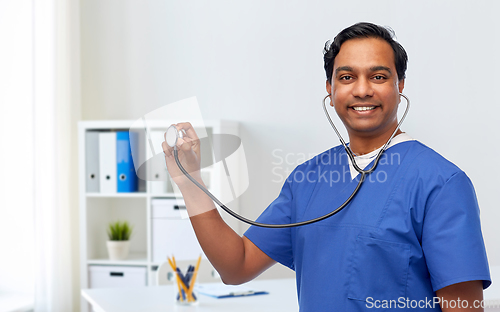 Image of happy indian male doctor or nurse with stethoscope
