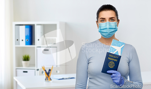 Image of young woman in mask with air ticket and passport
