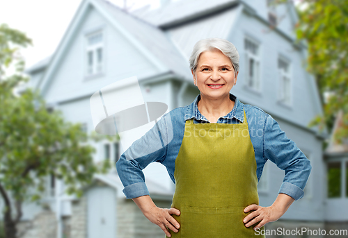 Image of portrait of smiling senior woman in garden apron