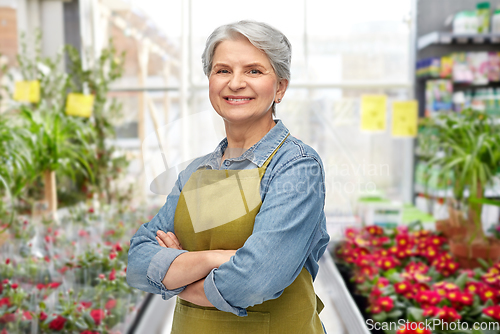 Image of smiling senior woman in gardening center