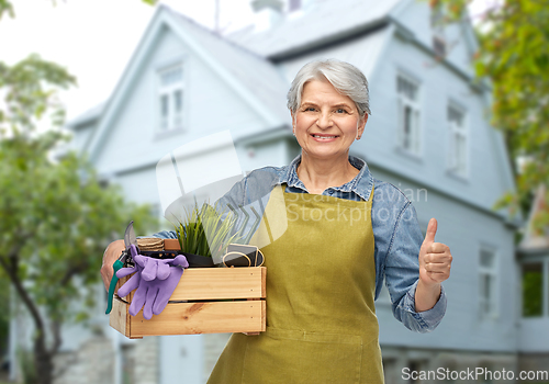 Image of senior woman with garden tools showing thumbs up