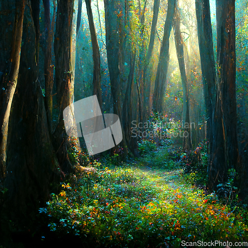 Image of Beautiful sunny morning in magic forest. 