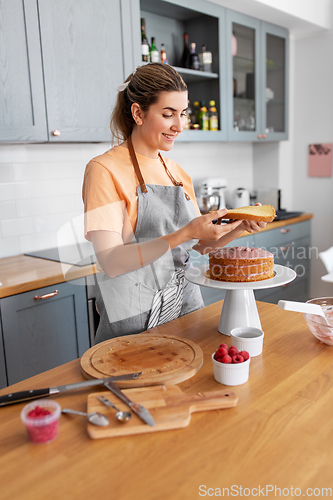 Image of woman cooking food and baking on kitchen at home