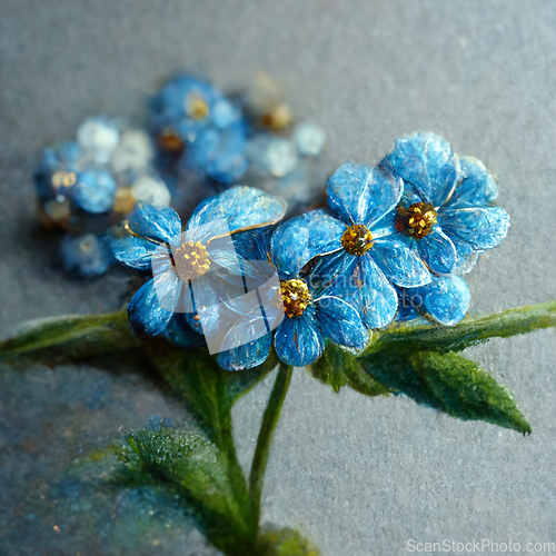 Image of Bunch of small blue forget me not flowers with leaves. 