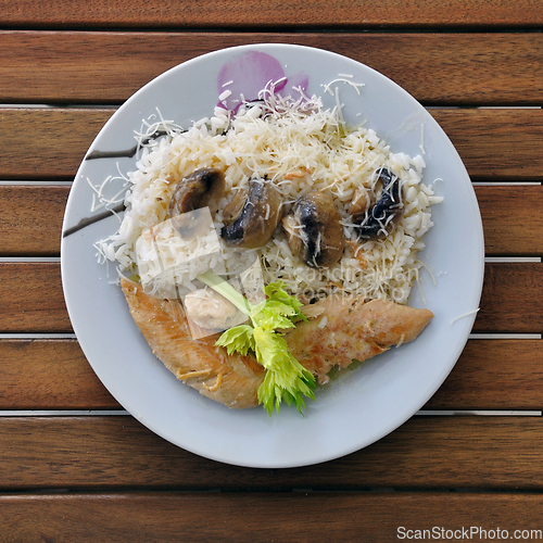 Image of chicken breast with mushrooms and white sauce