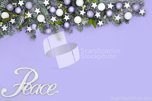 Image of Peace at Christmas Background with Snow Fir and Tree Decorations