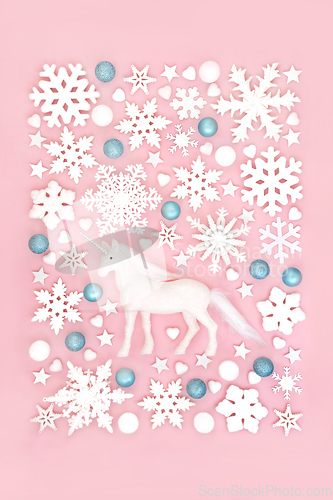 Image of Mythical Christmas Unicorn and Fantasy Tree Bauble Background