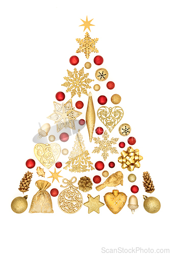 Image of Christmas Tree Shape Concept with Red and Gold Decorations  