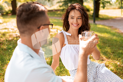 Image of happy couple toasting drinks at summer park