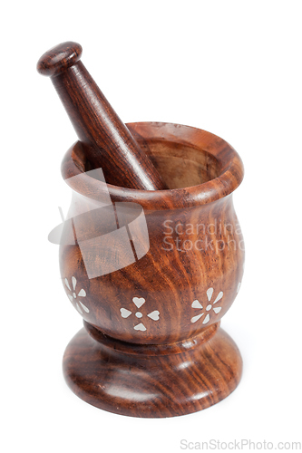 Image of Wooden mortar and pestle isolated