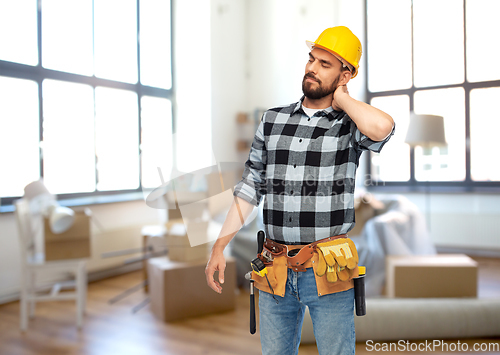 Image of male worker or builder with neck pain at home