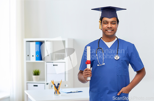 Image of happy indian doctor or male nurse with stethoscope