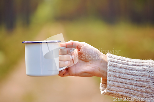 Image of hand of woman with white tea mug in forest