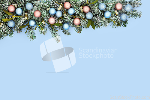 Image of Christmas Festive Background with Snow Fir and Tree Baubles