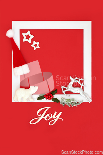Image of Christmas Joy Sign Background with Festive Tree Decorations