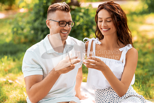 Image of happy couple toasting drinks at summer park