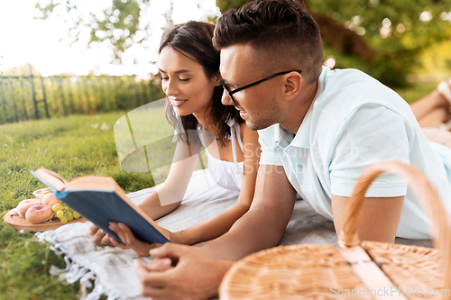 Image of happy couple reading book on picnic at summer park