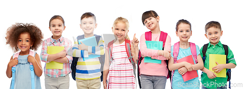 Image of happy children with school bags and notebooks