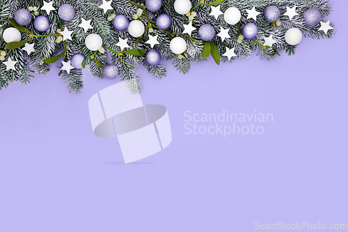 Image of Christmas Star and Tree Bauble Snow Fir Lilac Background