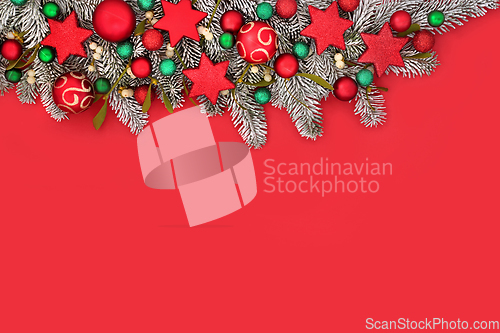 Image of Christmas Fir Snow and Tree Bauble Red Background Border 