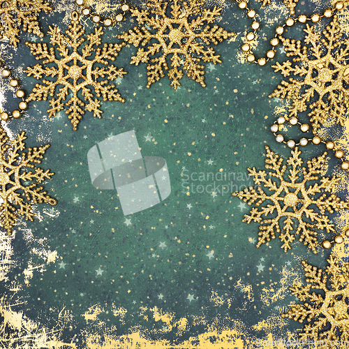 Image of Christmas Gold Glitter Snowflake Background Border