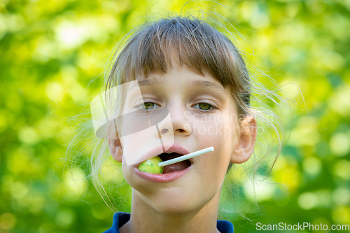 Image of The girl has a big round lollipop in her mouth, close-up portrait