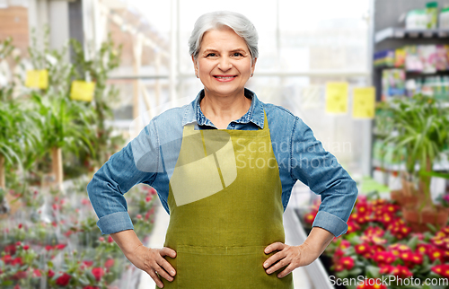 Image of smiling senior woman in gardening center