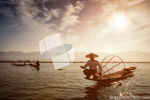 Image of Traditional Burmese fisherman at Inle lake, Myanmar