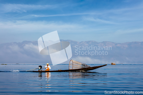 Image of Traditional Burmese fisherman at Inle lake, Myanmar