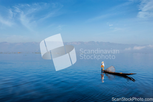 Image of Traditional Burmese fisherman at Inle lake, Myanmar