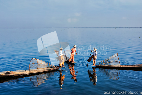 Image of Traditional Burmese fisherman at Inle lake, Myanmar