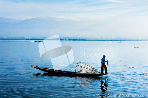 Image of Traditional Burmese fisherman at Inle lake, Myanmar