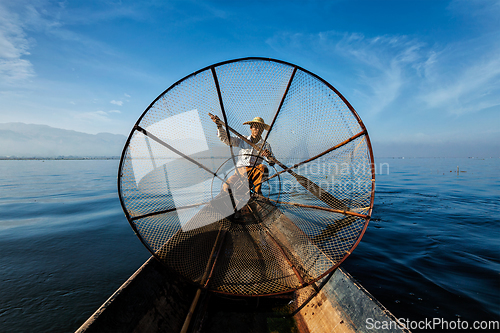 Image of Traditional Burmese fisherman at Inle lake, Myanmar