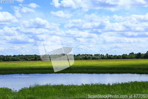 Image of summer landscape with lake in field and clouds
