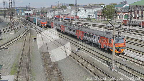 Image of BARNAUL - AUGUST 22: Red passenger train on railway station on August 22, 2017 in Barnaul, Russia