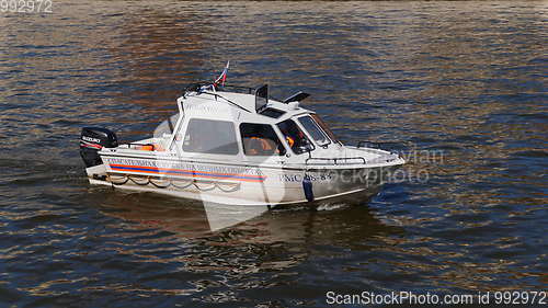 Image of MOSCOW - MAY 7: Boat EMERCOM of Russia floating on the Moscow river on May 7, 2017 in Moscow, Russia.