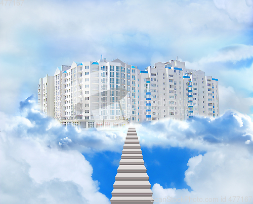 Image of multistory modern house with leading stairs in the clouds