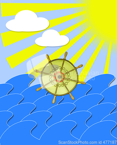 Image of marine waves with steering-wheel and sun beams