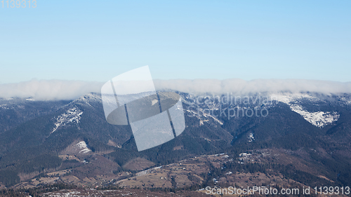 Image of Winter panorama of mountains on a sunny day. Carpathians, Ukraine