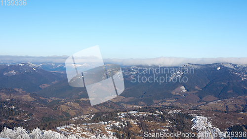 Image of Winter panorama of mountains on a sunny day. Carpathians, Ukraine