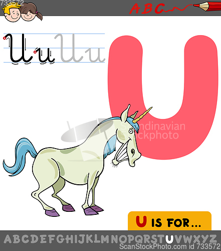 Image of letter u with cartoon unicorn