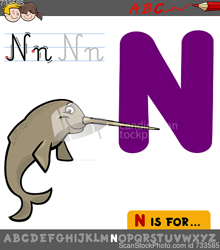 Image of letter n with cartoon narwhal