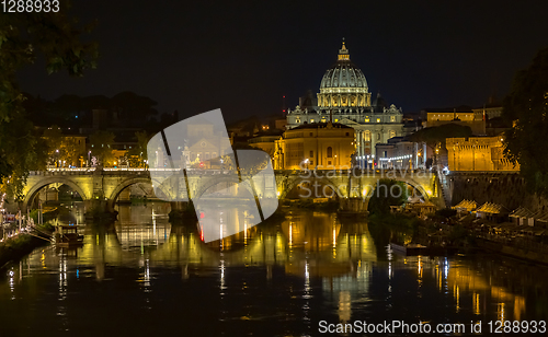 Image of Vatican City: Saint Peter with bridge reflection by night