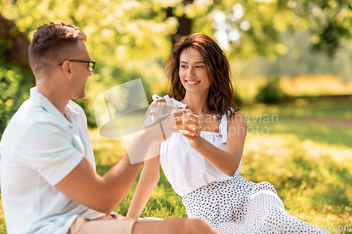 Image of happy couple toasting drinks at summer park