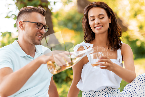 Image of happy couple with wine having picnic at park