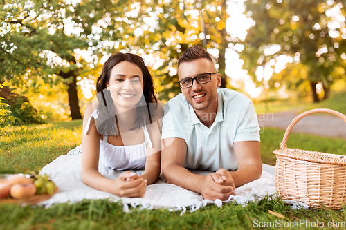 Image of happy couple on picnic blanket at summer park